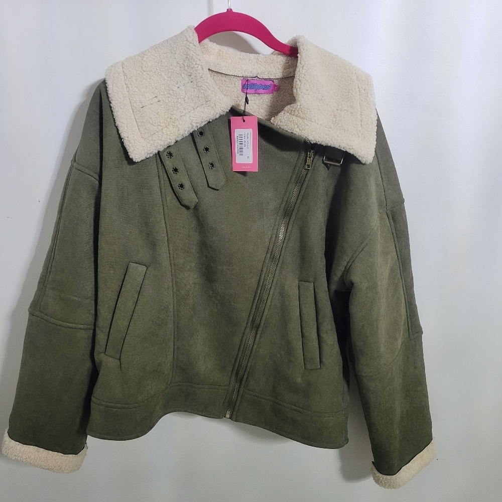 Edikted Faux Suede Shearling Oversized Jacket Olive, Size S